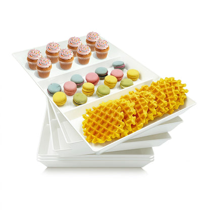 Divided Serving Tray Platter, 4 Pack 15" x 10" Fruit Veggie Food Tray for Party, Plastic Serving Trays for Appetizer, Snack, Dessert, Cookie, Brunch Decorations Platters, White Trays BPA-Free