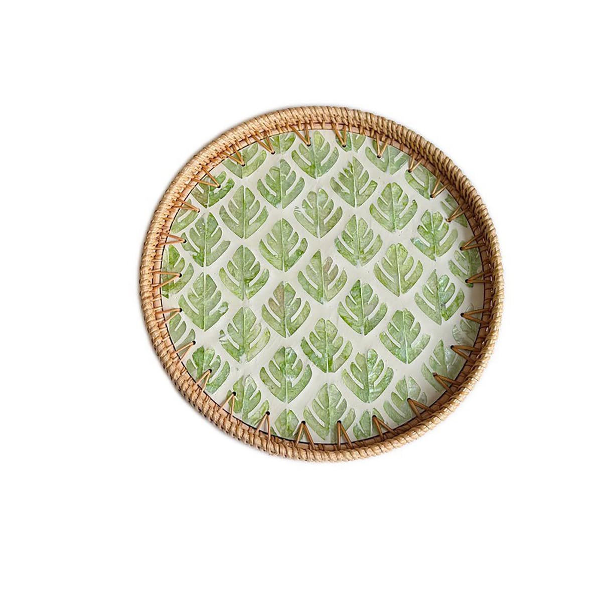Mother of Pearl Tray Round Rattan Tray with Mother of Pearl Inlay Rattan Serving Tray with Wooden Base, Decorative Wicker Basket for Table Decor Bread Fruits Coffee, Leaf (Blue)