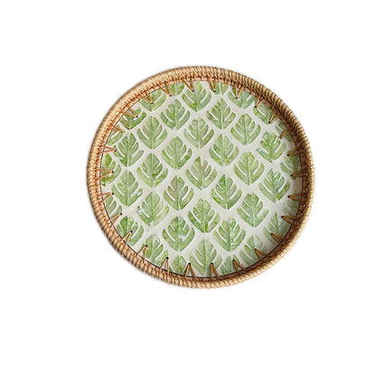 Mother of Pearl Tray Round Rattan Tray with Mother of Pearl Inlay Rattan Serving Tray with Wooden Base, Decorative Wicker Basket for Table Decor Bread Fruits Coffee, Leaf (Blue)