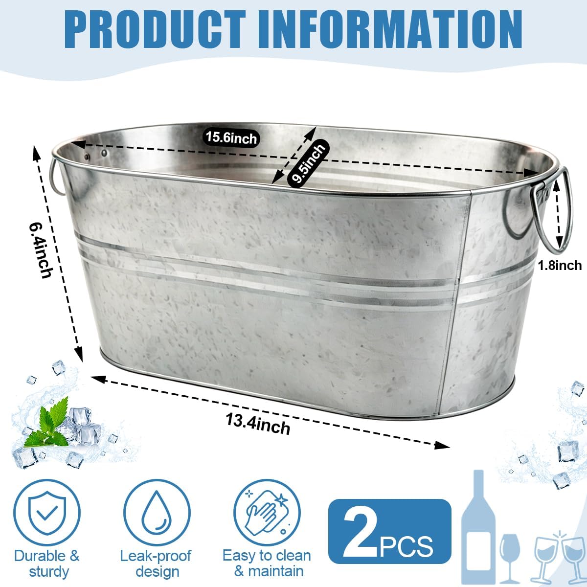 OBTANIM 2 Pack 4 Gallon Galvanized Ice Buckets Metal Champagne Drink Cooler Ice Beverage Tub with Carry Handles for Beer Cocktails Wine Home Parties Bar Cooling Supplies (Silvery)