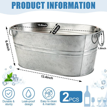 OBTANIM 2 Pack 4 Gallon Galvanized Ice Buckets Metal Champagne Drink Cooler Ice Beverage Tub with Carry Handles for Beer Cocktails Wine Home Parties Bar Cooling Supplies (Silvery)