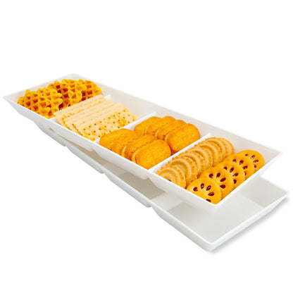 Divided Serving Tray Platter, 4 Pack 15" x 10" Fruit Veggie Food Tray for Party, Plastic Serving Trays for Appetizer, Snack, Dessert, Cookie, Brunch Decorations Platters, White Trays BPA-Free
