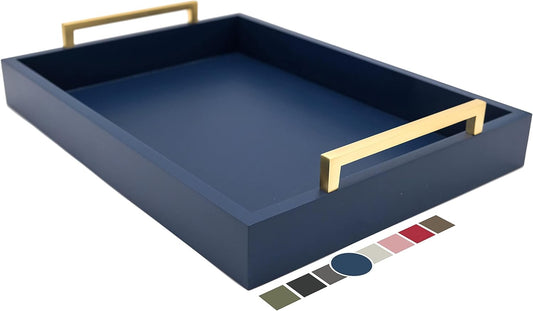 Decorative Coffee Table Tray - Ottoman Tray - Breakfast, Drinks, Liquor Serving Platter - from Farmhouse to Modern - Matte Finish - Champagne Gold Handles - Twilight-Blue