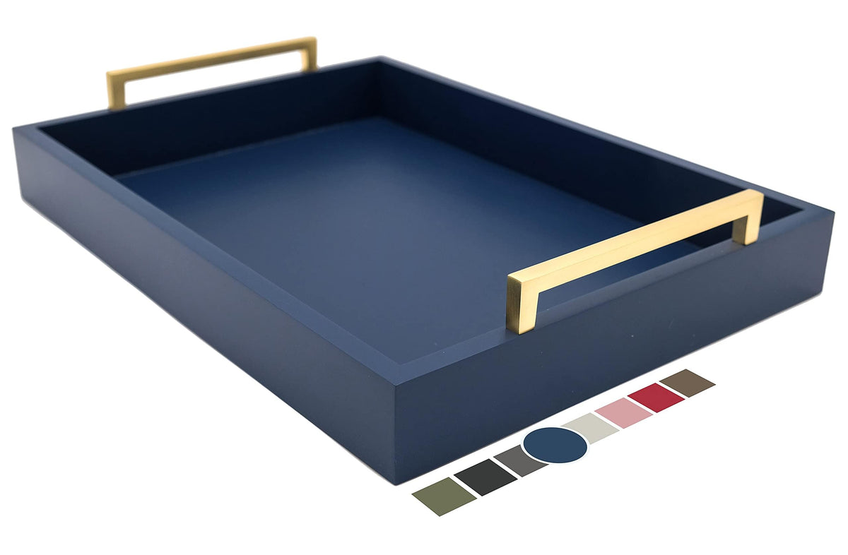 Decorative Coffee Table Tray - Ottoman Tray - Breakfast, Drinks, Liquor Serving Platter - from Farmhouse to Modern - Matte Finish - Champagne Gold Handles - Twilight-Blue