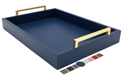 Decorative Coffee Table Tray - Ottoman Tray - Breakfast, Drinks, Liquor Serving Platter - from Farmhouse to Modern - Matte Finish - Champagne Gold Handles - Twilight-Blue