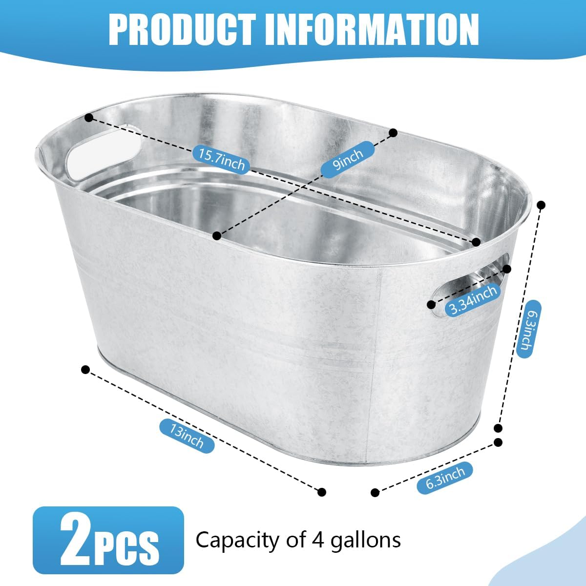 OBTANIM 2 Pack 4 Gallon Galvanized Ice Buckets Metal Champagne Drink Cooler Ice Tub with Carry Handles for Beer Cocktails Wine Beverage Home Parties Bar Cooling Supplies (Silvery)