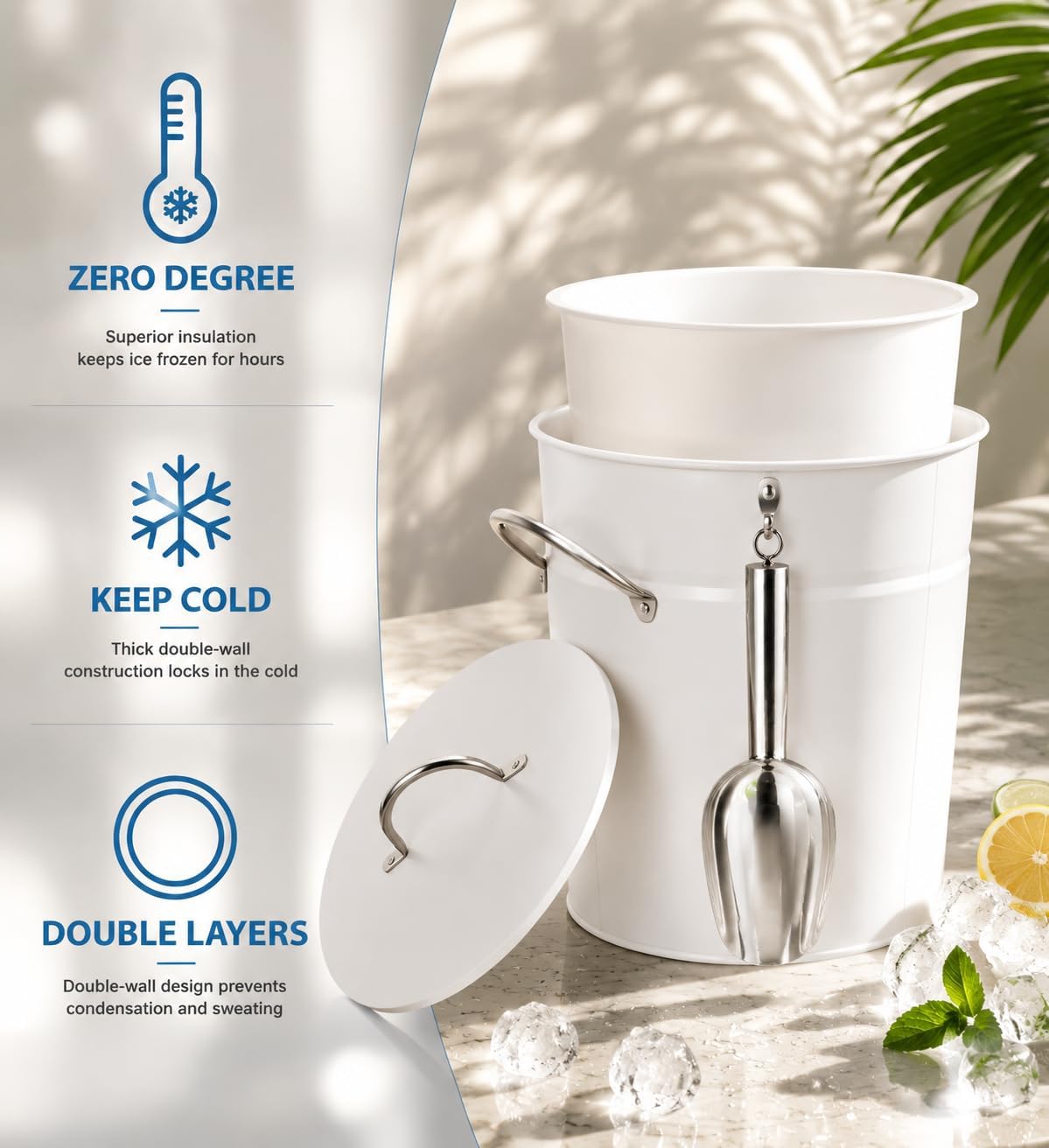 3 Qt White Galvanized Ice Bucket with Lid, Scoop and Handles, Insulated