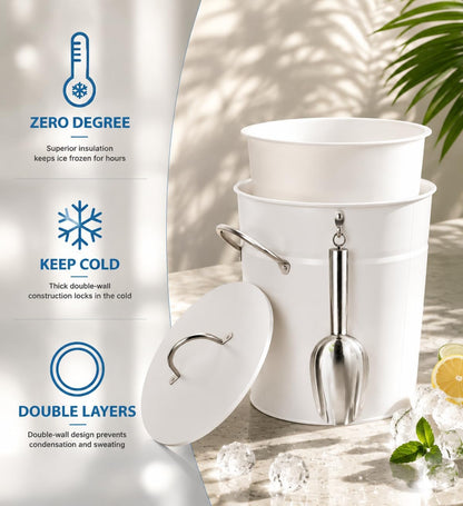 3 Qt White Galvanized Ice Bucket with Lid, Scoop and Handles, Insulated