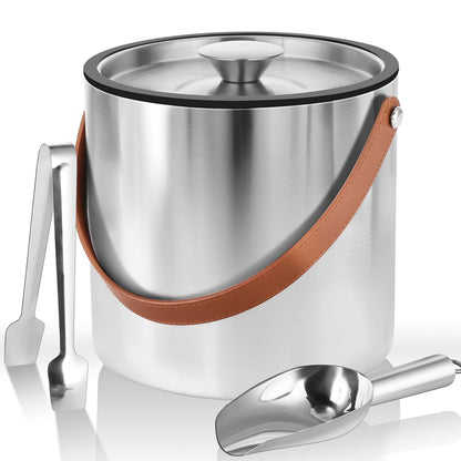 Bakpoco 3L Ice Bucket with Silicone Gold Lid, Scoop, Tongs & Strainer, Stainless Steel Double Wall Insulated Ice Buckets for Parties & Cocktail Bar, Outdoor Champagne Ice Container Bin, Black