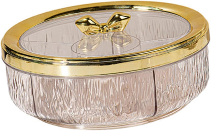 Divided Serving Tray Snack Platter Rotating 6 Compartments Dustproof Nuts Storage Platter Dessert Plate for Home Living Room, golden Bow