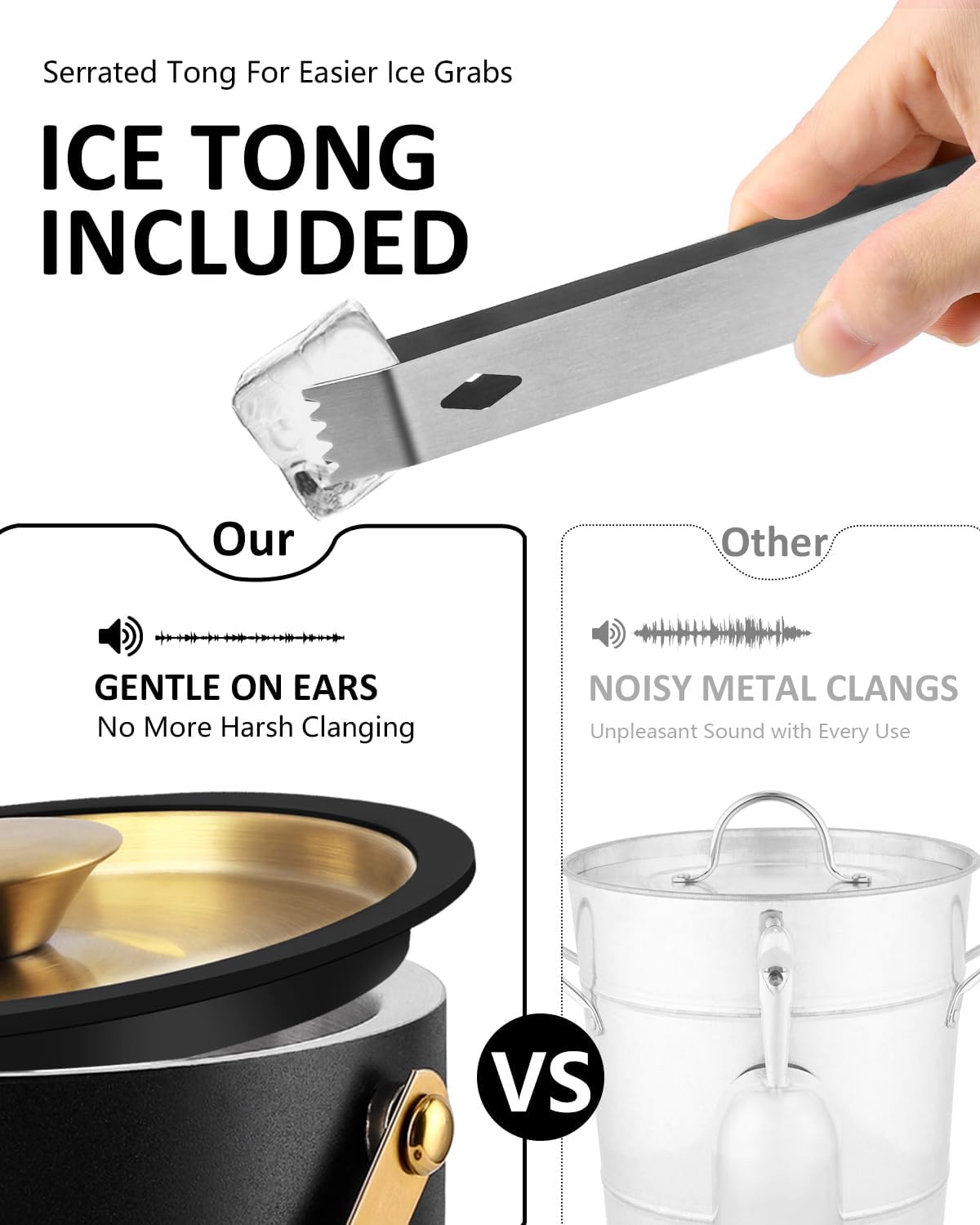 Bakpoco 3L Ice Bucket with Silicone Gold Lid, Scoop, Tongs & Strainer, Stainless Steel Double Wall Insulated Ice Buckets for Parties & Cocktail Bar, Outdoor Champagne Ice Container Bin, Black