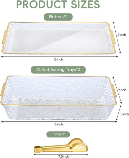 2 Set 16" x 9" Plastic Chilled Serving Tray for Parties, Serving Platter with Compartments Ice Chilled Party Platter Charcuterie Serving Board Cold Dish Dip for Fruit Seafood Vegetable