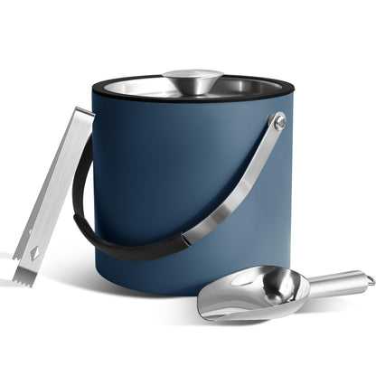 Bakpoco 3L Ice Bucket with Silicone Gold Lid, Scoop, Tongs & Strainer, Stainless Steel Double Wall Insulated Ice Buckets for Parties & Cocktail Bar, Outdoor Champagne Ice Container Bin, Black