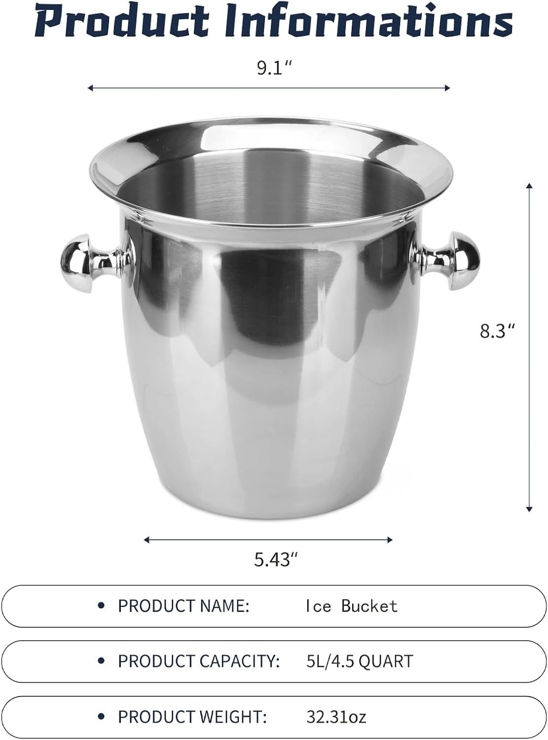Ice Bucket, Large Ice Bucket for Parties, 5L Portable Stainless Steel Wine Buckets with Handle for Champagne, Beer, Cocktails, Indoor, Outdoor, Camping, Picnic(Silver)