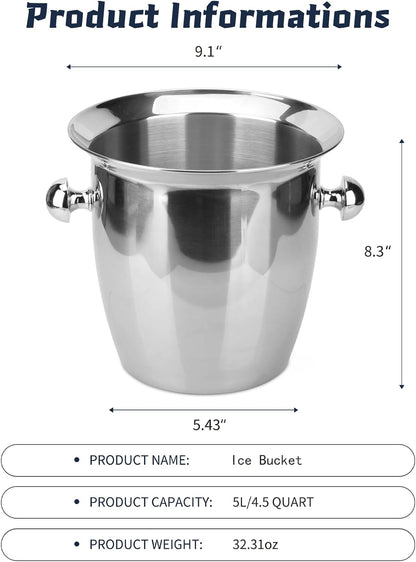 Ice Bucket, Large Ice Bucket for Parties, 5L Portable Stainless Steel Wine Buckets with Handle for Champagne, Beer, Cocktails, Indoor, Outdoor, Camping, Picnic(Silver)