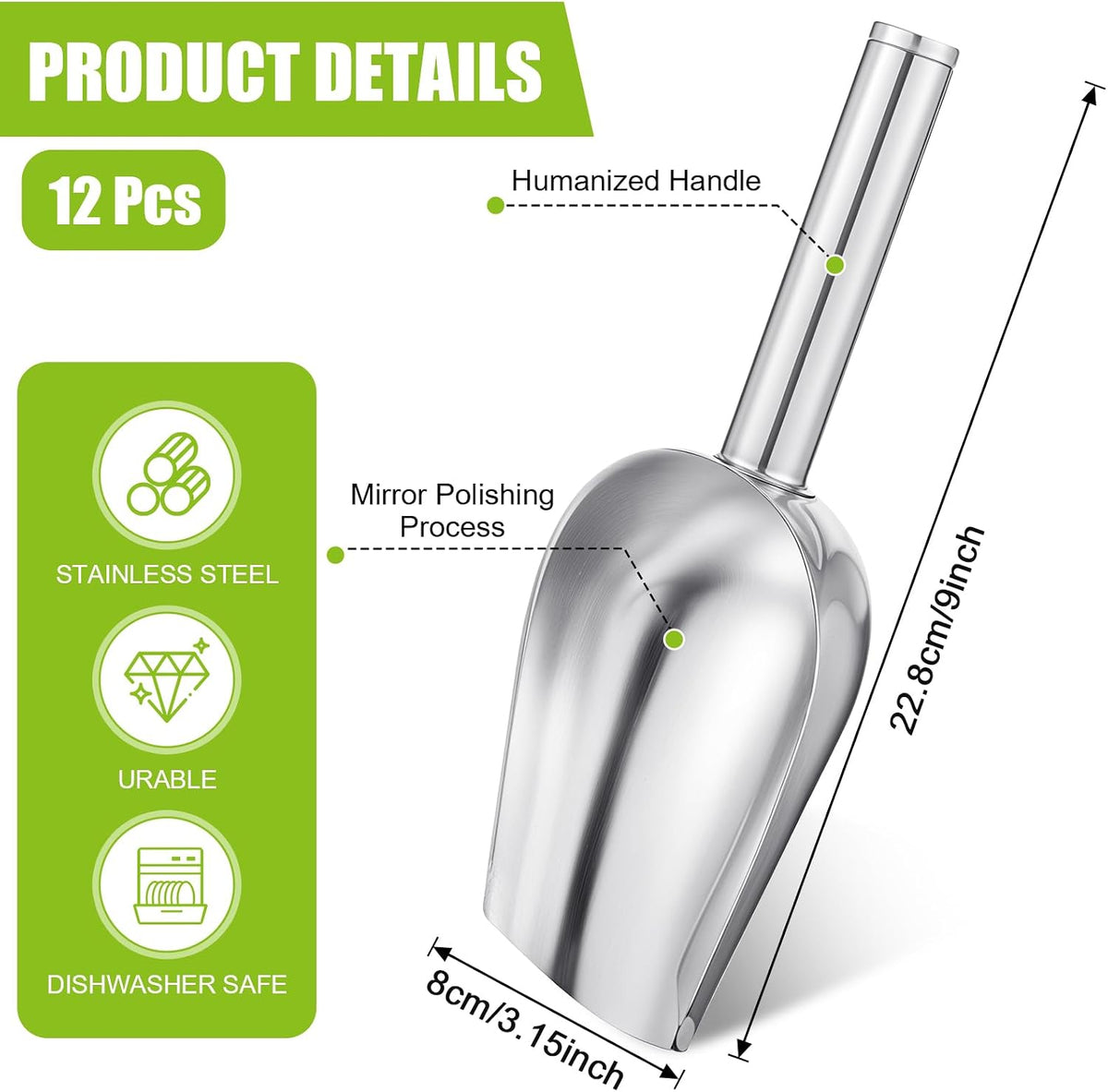 12 Pcs Premium Ice Scoop for Freezer, Multipurpose Metal Ice Scoop for Ice Machine - Stainless Steel Small Ice Scooper for Ice Bucket - Kitchen Gadgets Cookie Flour Pet Dog Food Scoop