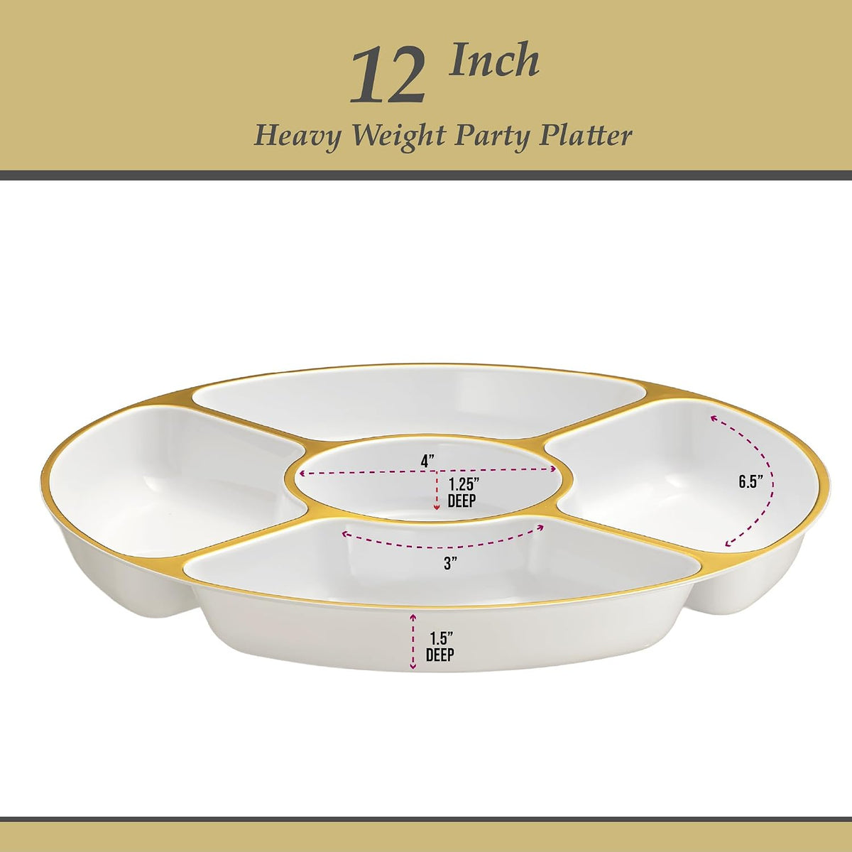 PLASTICPRO 5 Sectional Round Plastic Heavy duty Serving Tray/Platters White With Gold Rim Pack of 2