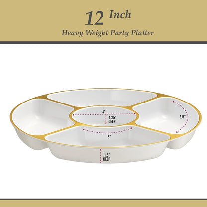 PLASTICPRO 5 Sectional Round Plastic Heavy duty Serving Tray/Platters White With Gold Rim Pack of 2