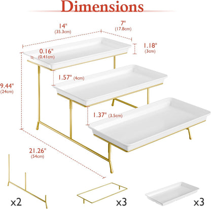 Bumusty 3-Tier Melamine Serving Tray Set, 14 x 7 in, Gold Stand