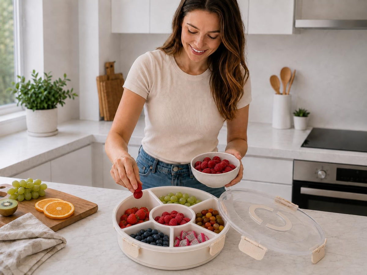 Rotating Divided Serving Tray with Lid, 6-Compartment Snackle Box