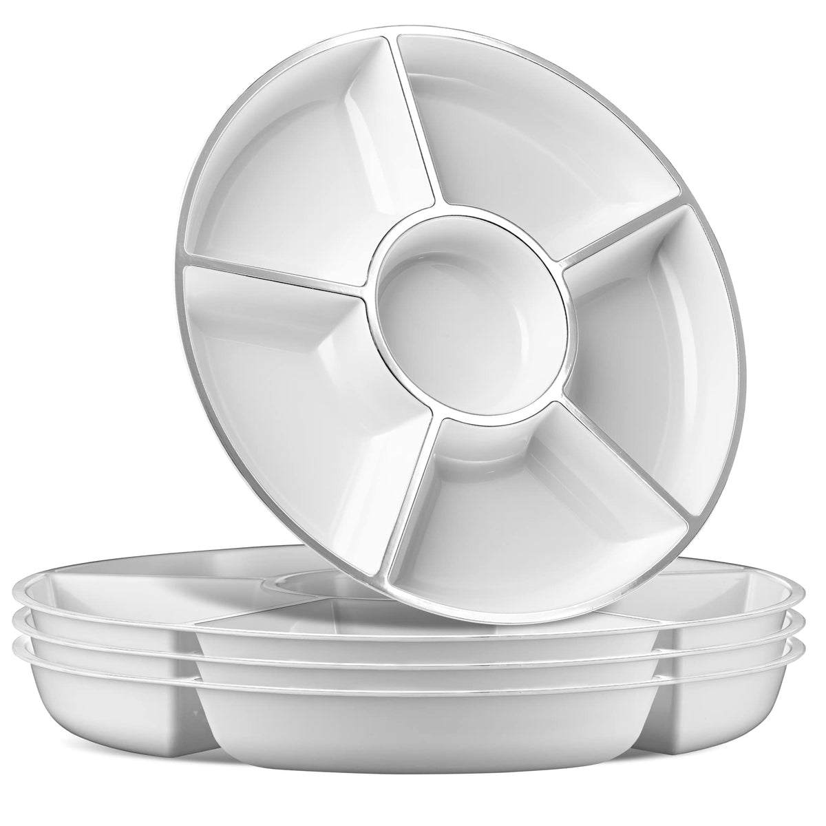 Plasticpro 6 Sectional Round Plastic Serving Tray/Platter (2, White & Gold)