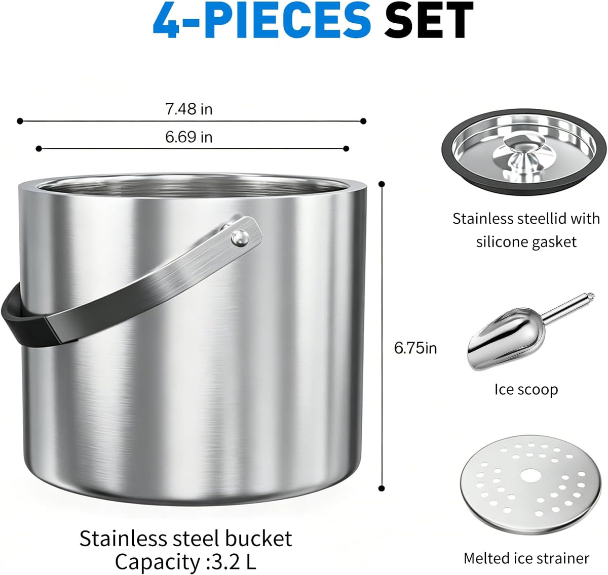 3.2L Double Wall Stainless Steel Ice Bucket for Parties with Lid, Scoop