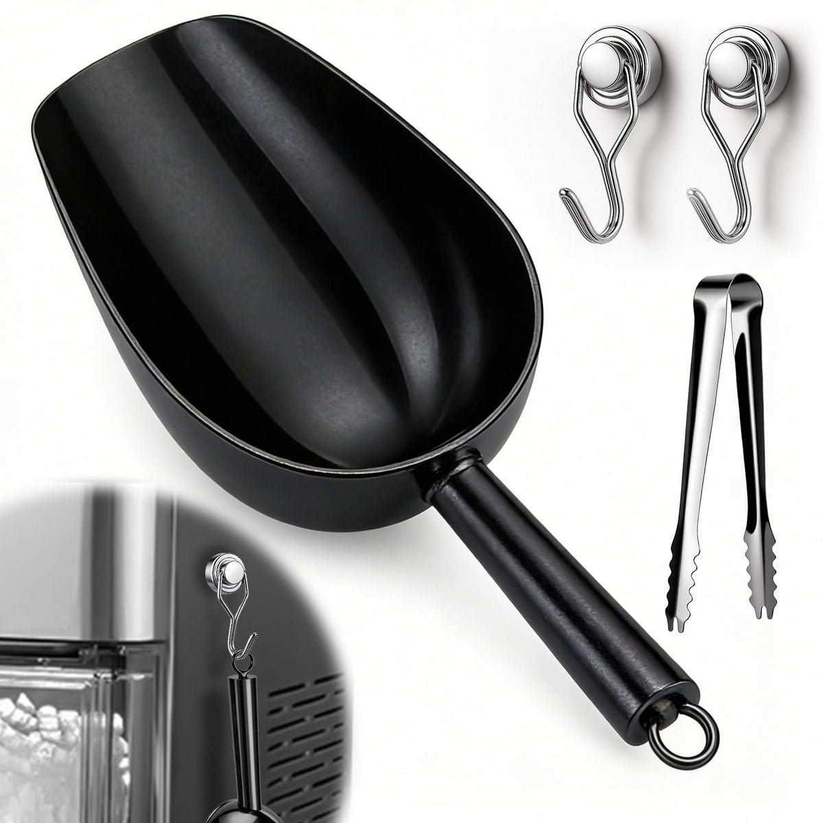 Juome 12oz Stainless Steel Ice Scoop for Freezer with Magnetic Holder