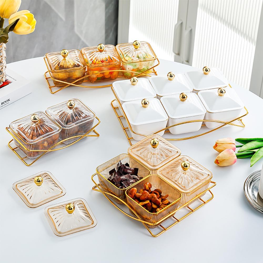 Set of 3 Clear Serving Bowls with Lid and Gold Basket Tray, Removable Nut Serving Platter Snack Box for Chips, Charcuterie, Fruits, Candy and Condiments (Amber-C Base)