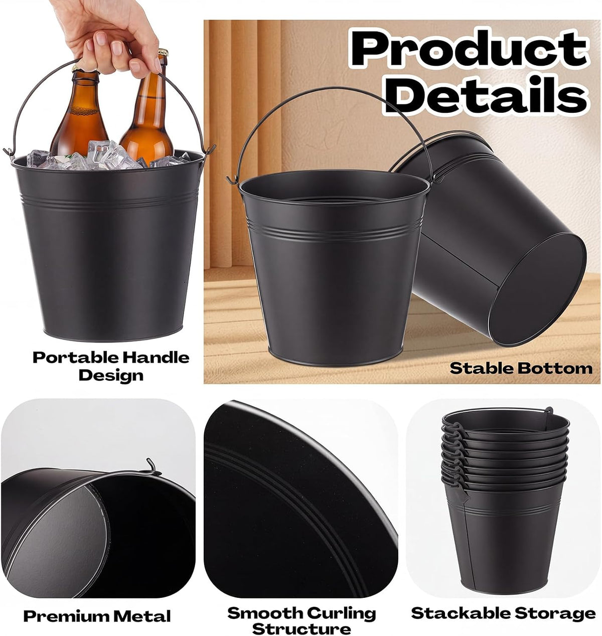 Didaey 12 Pcs Metal Beer Bucket Bulk Ice Bucket, 7.1 x 6.5 x 5.1, Black