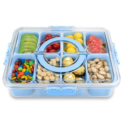 HRXFOZ Divided Serving Tray with Lid and Handle, 8 Compartment Snack Box, Portable Snack Platter for Fruits, Veggies, Nuts, Party Entertaining, Picnic (2 PCS)