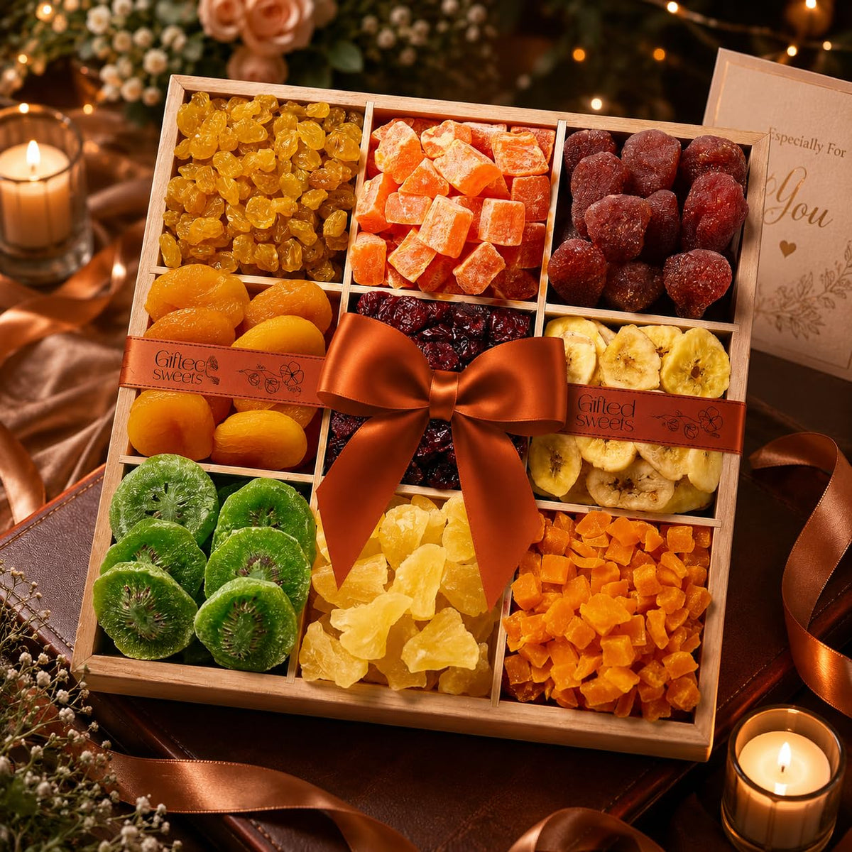 Tropical Dried Fruit Gift Basket - 9 Varieties - Reusable Wooden Crate - All Natural Gourmet Dried Fruits - Food Tray for Birthday, Care Package, Corporate, Get Well, Sympathy Gift