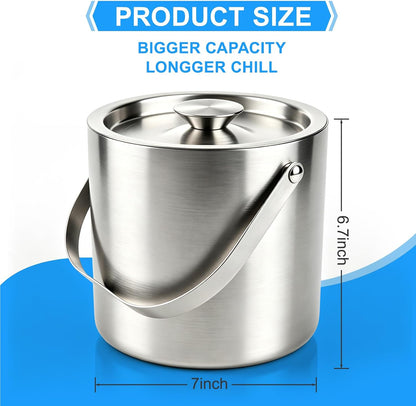 Stainless Steel Ice Bucket,3L Insulated Ice Bucket With Lid & Tongs