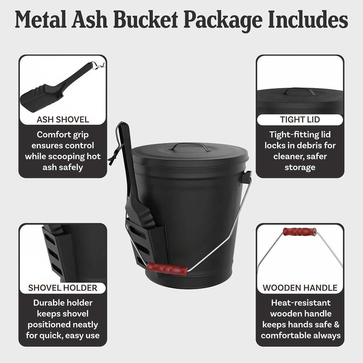 Pure Garden Metal Ash Bucket and Shovel, Black, 4.75-Gallon