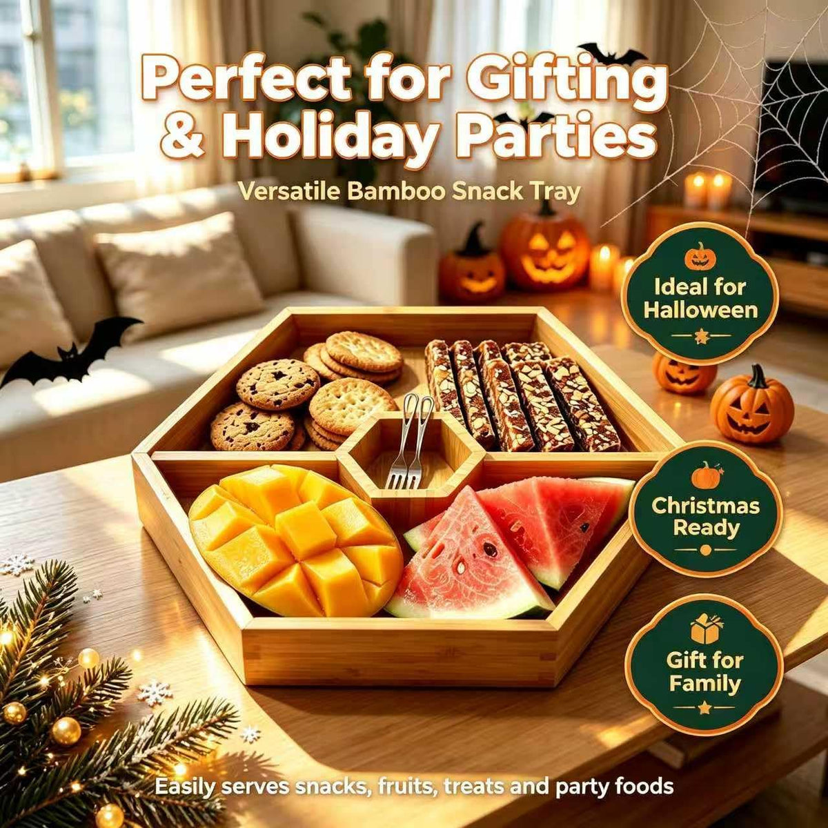 Bamboo Snack Tray, 8 Compartment Serving Tray, Party Platter