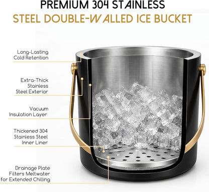 3L Modern Insulated Ice Bucket with Silicone Lid, Scoop, Strainer Double Wall Insulated Stainless Steel Ice-Bucket Metal-Ice Bucket for Parties Cocktail Bar, Outdoor Champagne Ice Container Bin(Black）