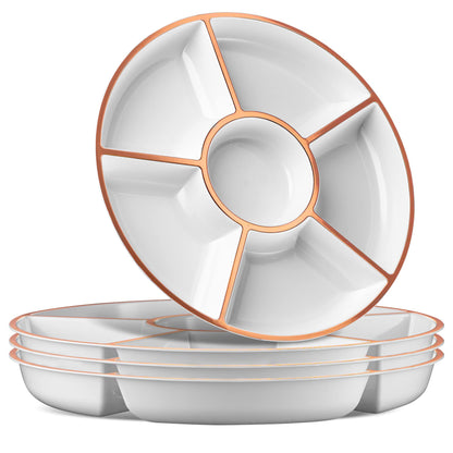 6 Sectional Round Plastic Serving Tray/Platters White W Silver Rim Pack of 2