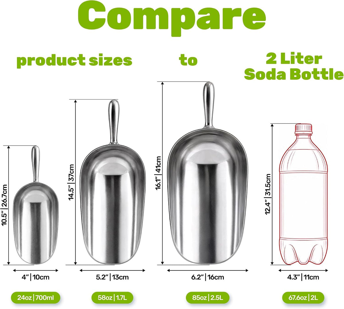 [Set of 3] 24oz + 58oz + 85oz Metal Scoops for Ice Machine - Large Aluminum Ice Scoop Bundle - Hand Wash Only