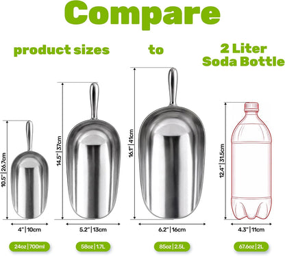 [Set of 3] 24oz + 58oz + 85oz Metal Scoops for Ice Machine - Large Aluminum Ice Scoop Bundle - Hand Wash Only