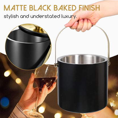 3L Modern Insulated Ice Bucket with Silicone Lid, Scoop, Strainer Double Wall Insulated Stainless Steel Ice-Bucket Metal-Ice Bucket for Parties Cocktail Bar, Outdoor Champagne Ice Container Bin(Black）