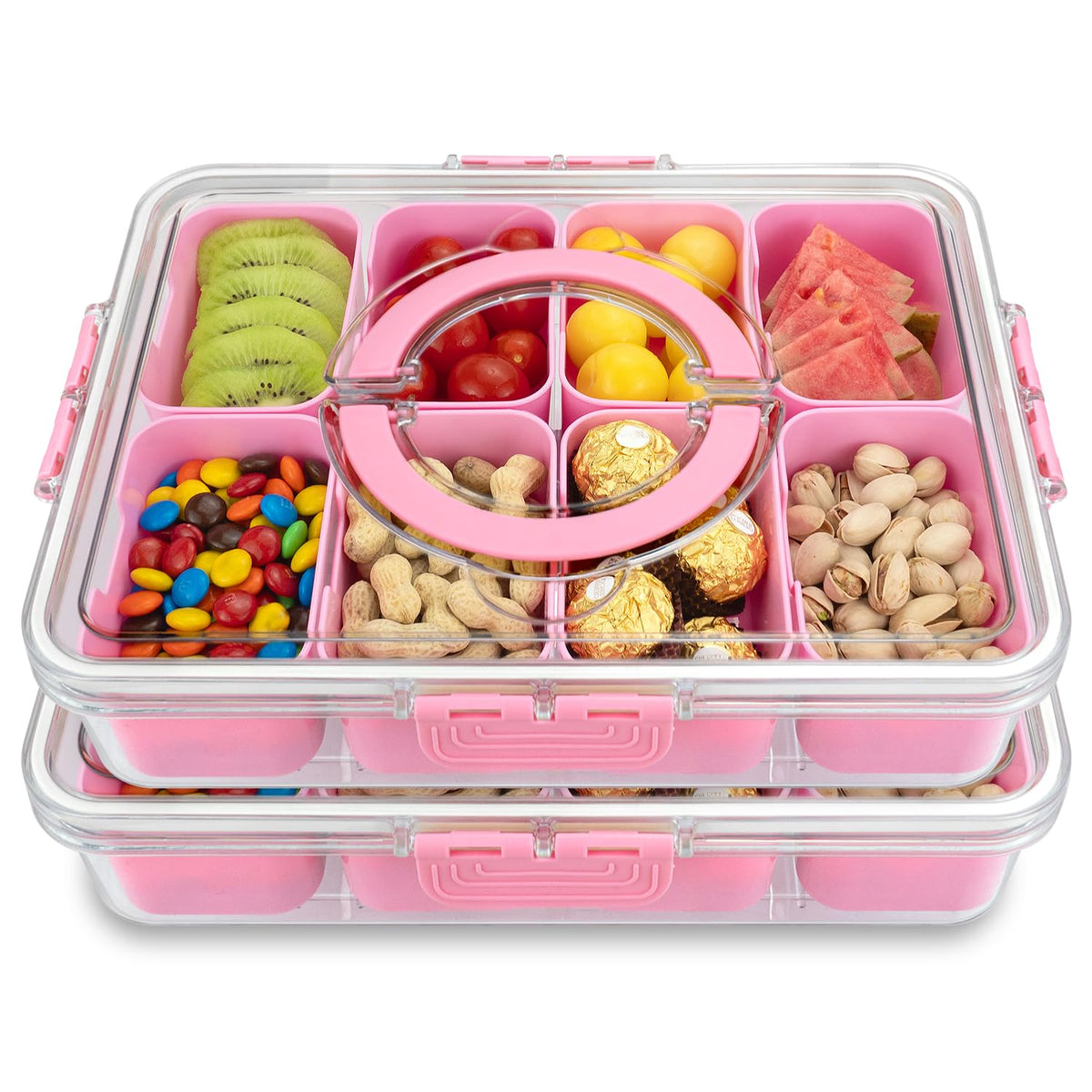HRXFOZ Divided Serving Tray with Lid and Handle, 8 Compartment Snack Box, Portable Snack Platter for Fruits, Veggies, Nuts, Party Entertaining, Picnic (2 PCS)