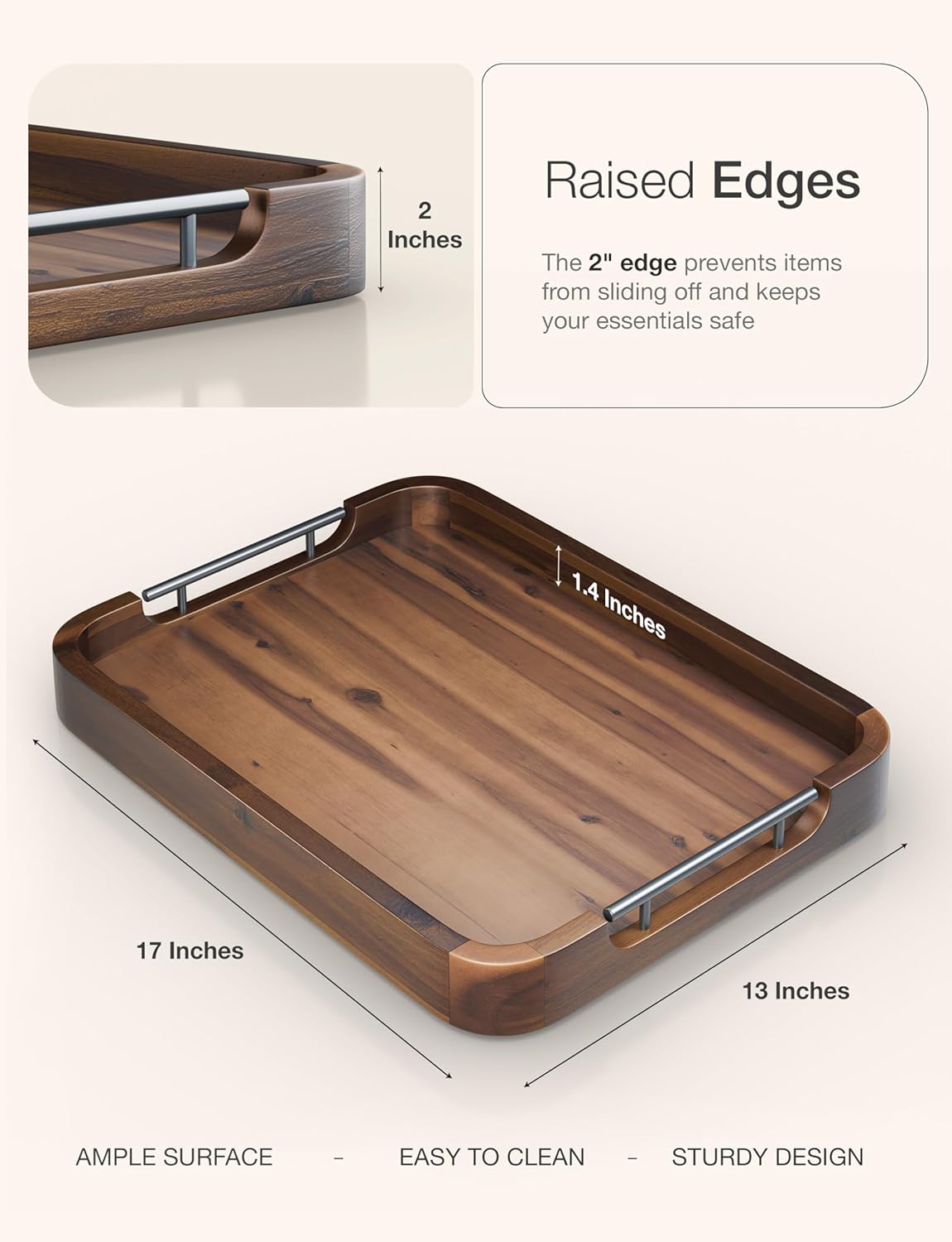 TIDITA 17"x13" Rectangular Wooden Serving Tray, Metal Handles, Walnut Color