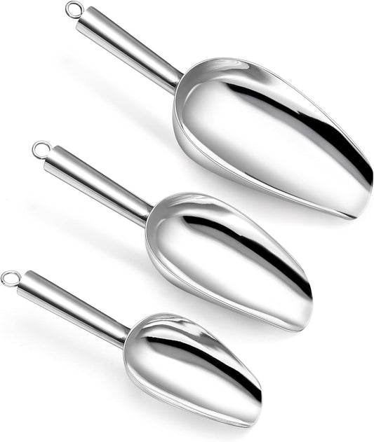 P&P CHEF Ice Scoop Set of 3, Stainless Steel Food Scoop,3+6+8 Oz & Silver