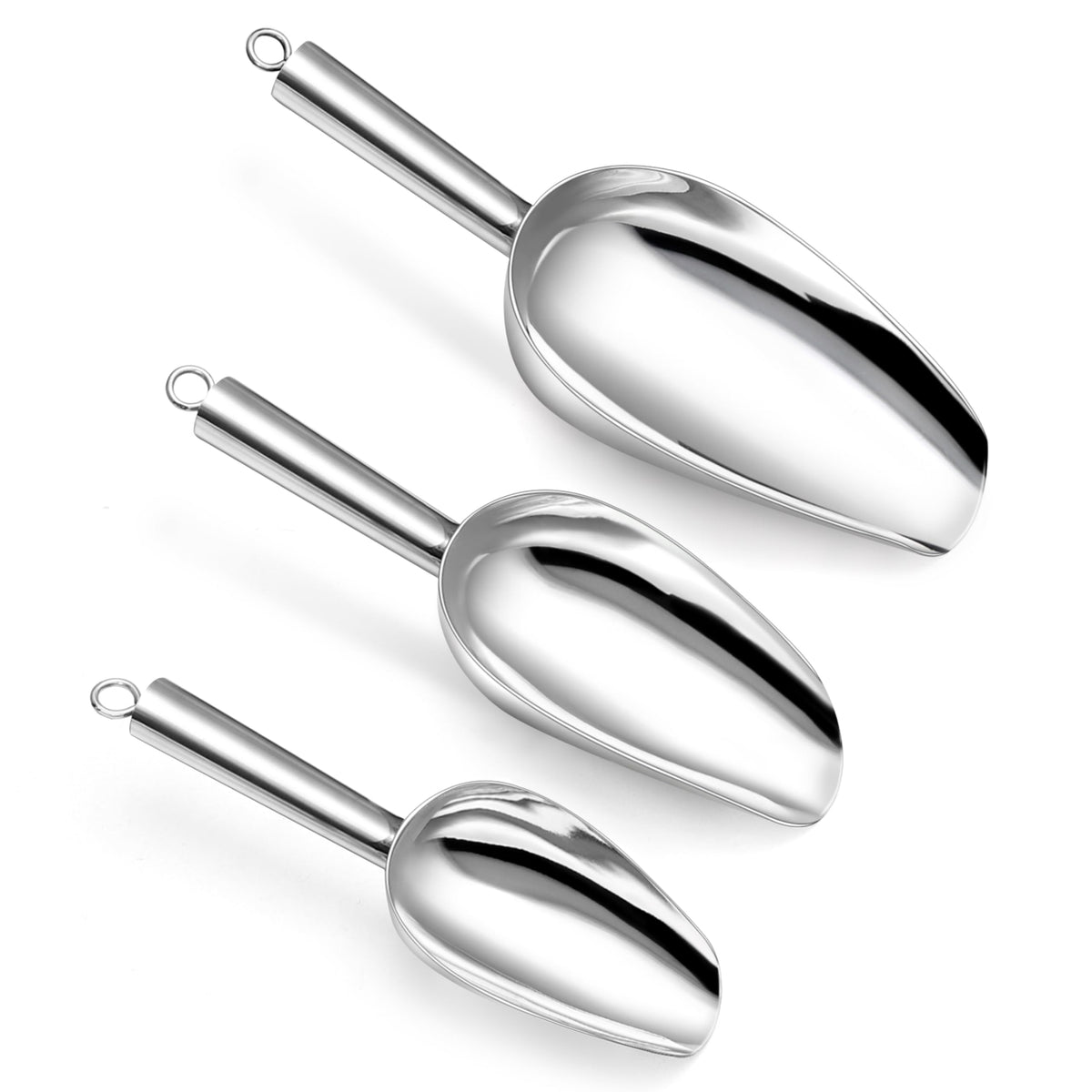 P&P CHEF Ice Scoop Set of 3, Stainless Steel Food Scoop,3+6+8 Oz & Silver