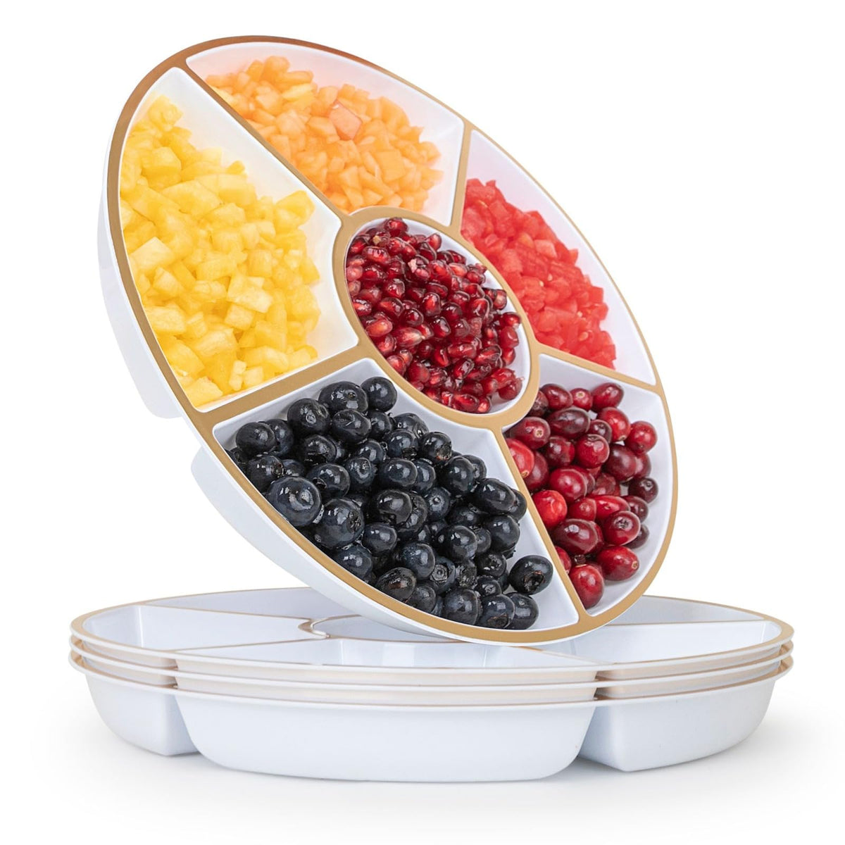 R-kay 4 Pack, 6 Sectional White Plastic Serving Trays For Party With Gold Rim - Heavy Duty Gold Party Trays For Serving Food - 12 Inch Platters