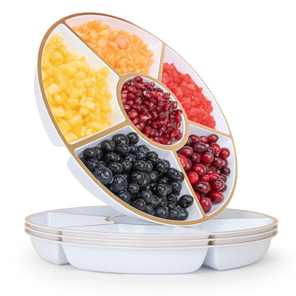 R-kay 4 Pack, 6 Sectional White Plastic Serving Trays For Party With Gold Rim - Heavy Duty Gold Party Trays For Serving Food - 12 Inch Platters
