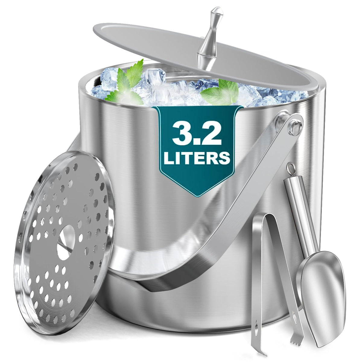 3.2L Double Wall Ice Bucket with Lid, Premium Stainless Steel Insulated Ice Bucket Includes Scoop, Tongs & Strainer, Keeps Ice Cold Longer for Parties, Home Bar, Chilling Beer & Wine, Black and Gold