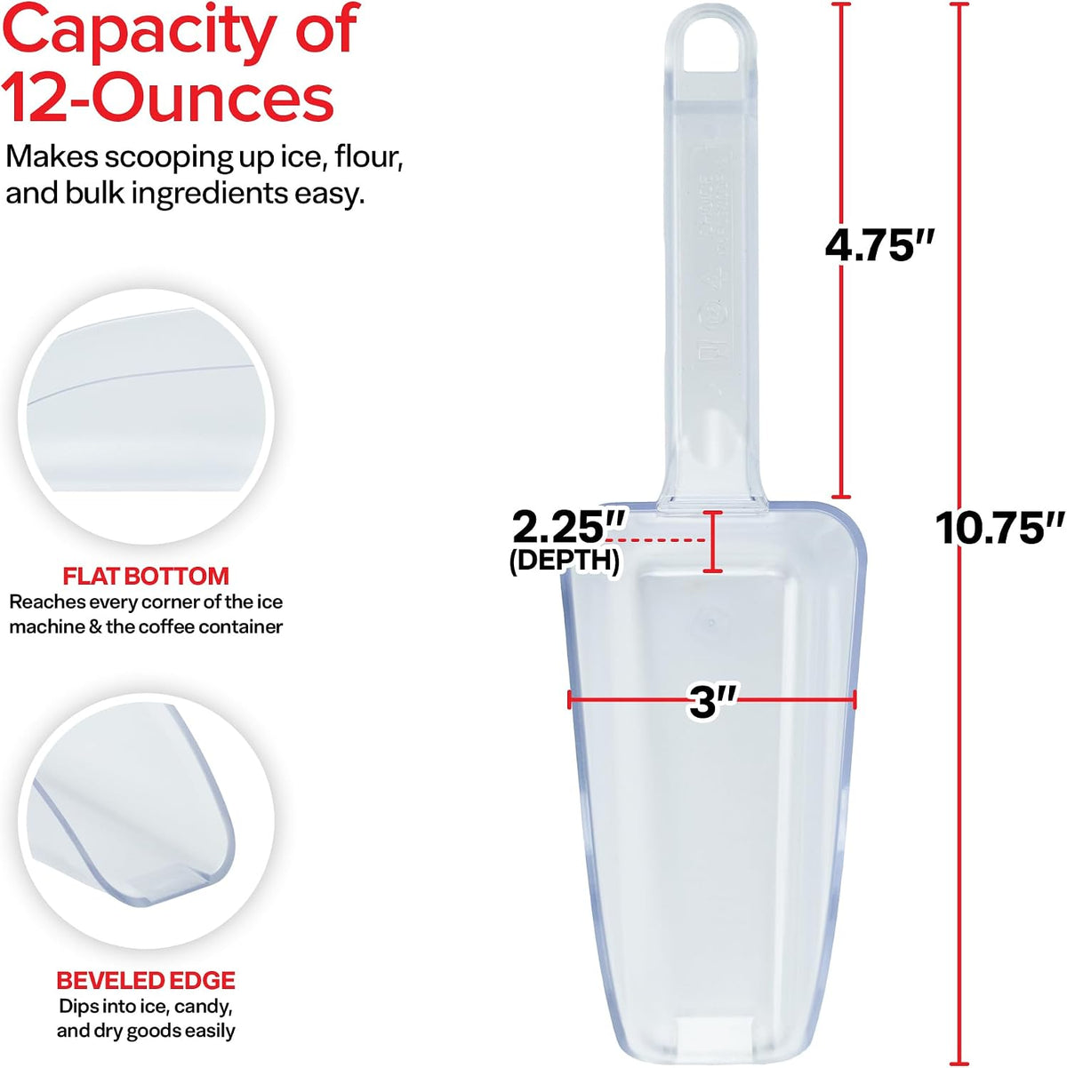 Ice Scoop for Freezer, 12 oz Clear Plastic Ice Scooper | NSF Certified Foodservice Utility Scoop | Beveled Edge, Hanging Slot | Bar Scoop, Ice Bin, Ice Machine, Candy, Popcorn, Cocktail