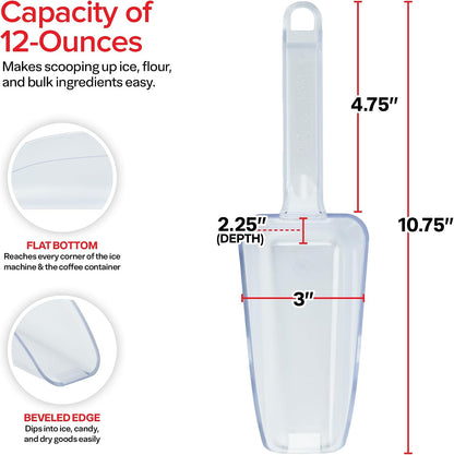 Ice Scoop for Freezer, 12 oz Clear Plastic Ice Scooper | NSF Certified Foodservice Utility Scoop | Beveled Edge, Hanging Slot | Bar Scoop, Ice Bin, Ice Machine, Candy, Popcorn, Cocktail
