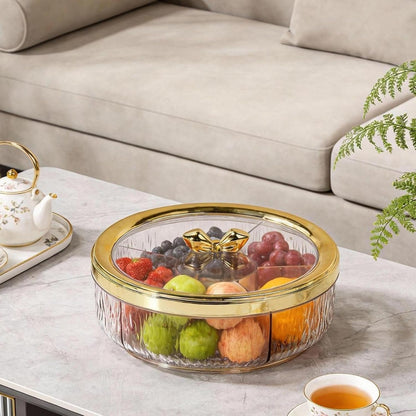 Divided Serving Tray Snack Platter Rotating 6 Compartments Dustproof Nuts Storage Platter Dessert Plate for Home Living Room, golden Bow
