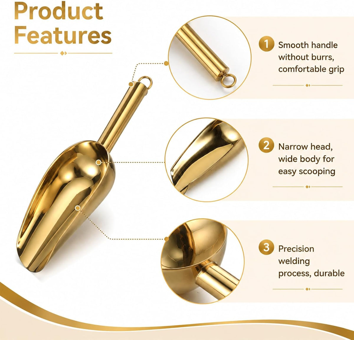 Mini Ice Scooper Set of 6, 3oz Stainless Steel Kitchen Scoops Metal Utility Scoops Stainless Steel Canister Small Ice Candy Scoop Utility for Kitchen Bar Party Wedding, Mirror Finish, Gold